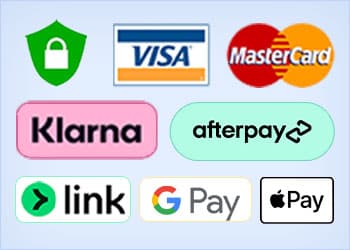 Accepted secure payment methods including Visa, MasterCard, Klarna, Afterpay, Link, Google Pay, and Apple Pay